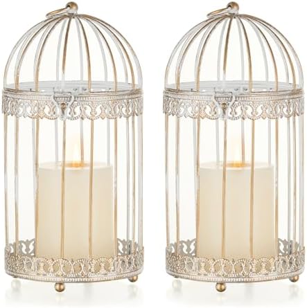 NUPTIO Decorative Bird Cage Lantern: 2 Set of 10 inch Tall Rustic White Birdcage Lanterns Centerpiece Vintage Decorating Metal Pillar Candle Holder for Christmas Bridal Shower Party Decor by Nuptio