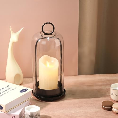 12" High Versatile Modern Metal Hurricane Lantern with Handmade Sturdy Glass Dome in Black for Pillar Candle & Plants, for Living Room, Porch, Mantel Decoration (Black, 5"x12") - Image 3
