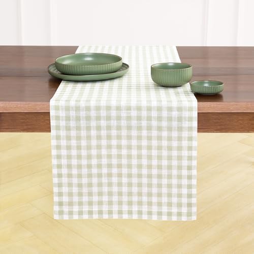Solino Home 100% Pure Linen Table Runner Sage, Gingham Check 14 x 90 in by SolinoHome