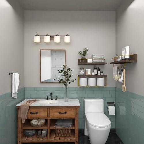 PopiShelves Bathroom Shelves Over Toilet for Wall, Floating Shelves with Storage Basket Paper Holer for Kitchen Living Room, Bedroom & Classroom, Set of 3 (Brown and Gold) - Image 5