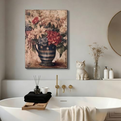 ZERILYN Ship Next Day – Patriotic Stars and Stripes Canvas Print, USA Flag Flower Arrangement Wall Decor, Red White Blue Vintage Home Decoration - Image 4