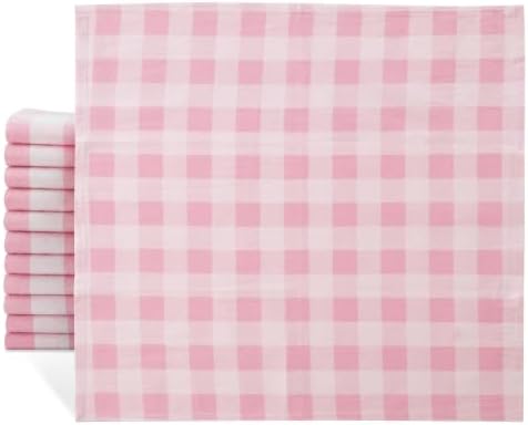 Cloth Napkins Set of 12, 100% Cotton Reusable Gingham Printed Dinner Napkins, 18x18” Washable Table & Kitchen Napkins for Home, Dining, Party, Pink & White by IVYHERITAGE