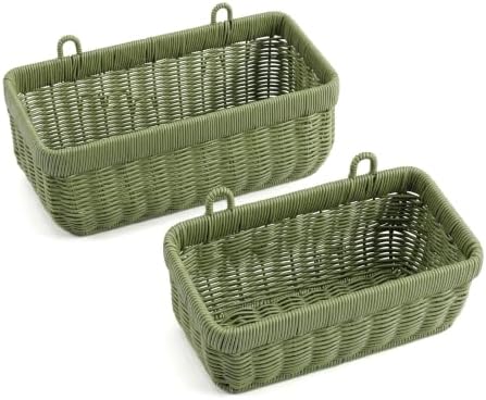 Wall Baskets Set of 2, Wicker-Style Hanging Baskets for Kitchen Bathroom Entryway Garages Porch Door Decor and Organizing, Green, Plastic by Nicestand