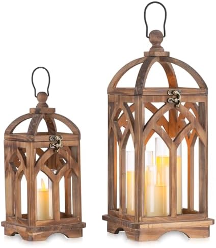 Romadedi Farmhouse Wood Candle Lantern Decorative 12"/16", Set of 2, Brown by ROMADEDI