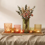 Votive Candle Holders Set with Wooden Tray - 8 Piece Rustic Colored Glass Candlestick & Solid Wood Centerpiece Decor for Mantel, Dining Table, Farmhouse Wedding Decor - Image 5