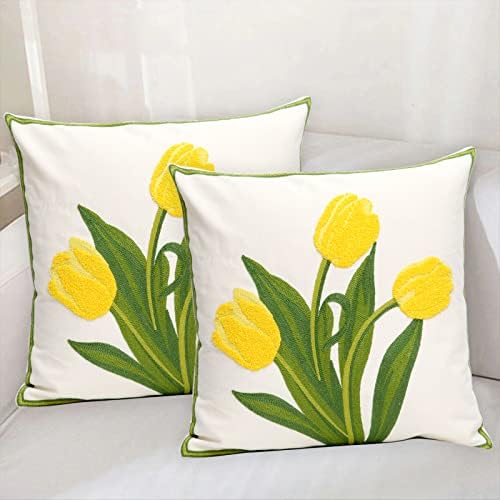 Pack of 2 Embroidered Decorative Throw Pillow Cover 18x18 Inch Farmhouse Floral Pillowcase for Living Room Sofa Bed (Yellow Tulip) - Image 7