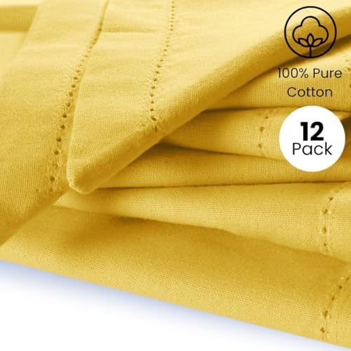 Hemstitch Cloth Dinner Napkins Cotton Set of 12 - Soft Durable Washable - Ideal for Farmhouse Parties Wedding Christmas Easter - Perfect Everyday Use Table Cloth Napkins 18x18 Yellow - Image 2
