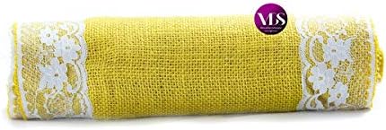 VDS Pack of 15, Burlap Table Runner with White Lace Edge, 100% Natural Jute Rustic Hessian Table Cloth Centerpiece for Wedding Birthday Party Banquet Table Decoration (Size 12X108 Inch)(Yellow) - Image 4