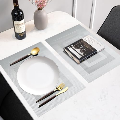 PIGCHCY Placemats Set of 12 Washable Durable Place Mats Vinyl Heat Resistant Non-Slip Table Mats Indoor Outdoor (18 x 12 inches, Silver White) - Image 6