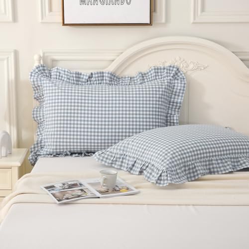 Silnuo Light Blue Plaid Gingham Ruffle Pillow Shams Queen Size Set of 2 by Silnuo