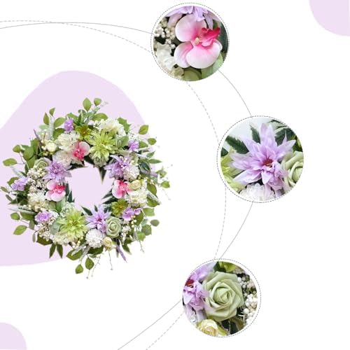 24 Inch Spring Wreath for Front Door, Artificial Spring Summer Floral Wreath with Dahlia Hydrangea Orchid for Home Wall Wedding Festival Indoor Outdoor Decor - Image 3