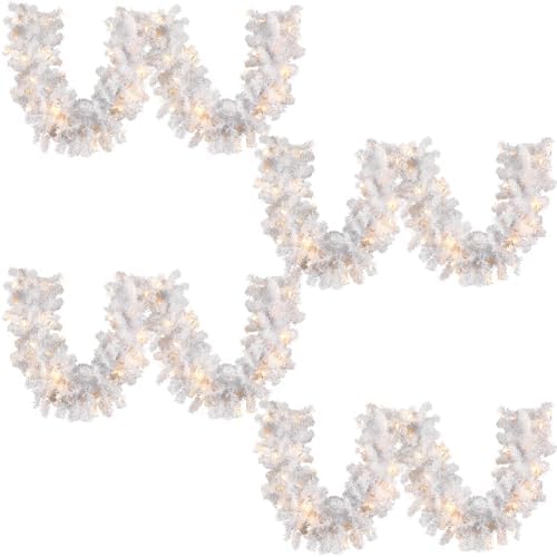 Hotop 9 ft Faux Spruce Artificial Christmas Garland LED Warm Pine Prelit Battery Operated Lighted Garland for Seasonal Indoor Home Fireplace Mantle Tree Stair Decor(4 Pcs,White) by Hotop