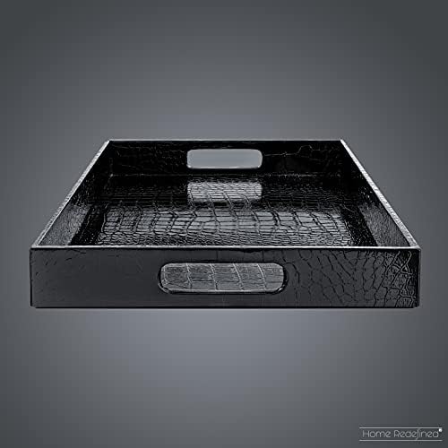 Black Leather Serving Tray with Handles, Glossy Faux Crocodile Print, 17.5x12 Food Drinks Tray for Coffee Table, Breakfast, Dinner & Bar, Decorative Storage Tray for Ottoman, Kitchen, Bedroom, Gift. - Image 5
