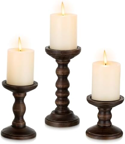 Romadedi Wood Candle Holders for Pillar, Dark Brown, Set of 3 by ROMADEDI