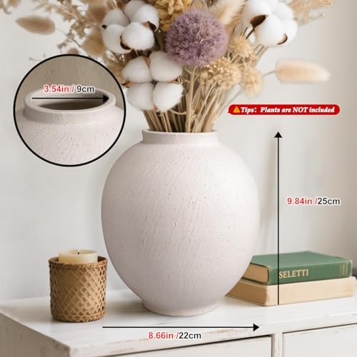 Large Ceramic Vase White Flower Vase,9.8 Inch Tall Big Round Vase - Image 3