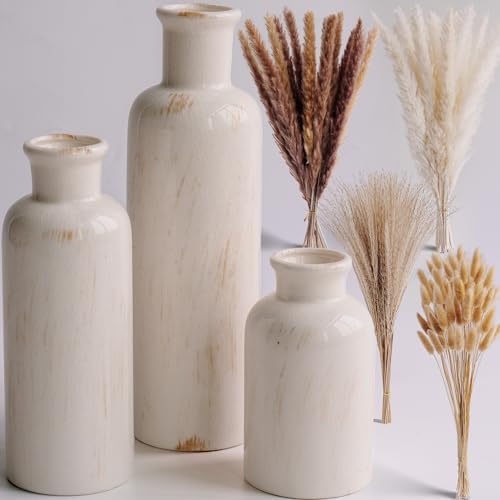 Pampas Grass with Vase Set – 3 Beige White Ceramic Vases with Natural Dried Pampas, Bunny Tails & More – Neutral Farmhouse Decor for Fireplace, Home, Mantel, Entryway, Kitchen & Boho Table Centerpiece - Image 4