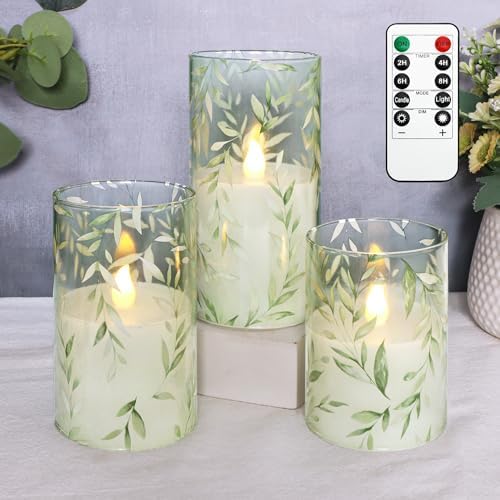 Green Flameless Candles with Remote Control - Willow Leaf Design Battery Operated Candles - Elegant Home Christmas Spring Summer Decor Set of 3 by Silverstro