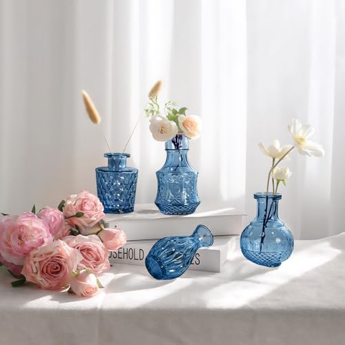 Blue Glass Vase Set of 12, Clear Bud Vase in Bulk, Small Flower Vases for Centerpieces, Mini Vases for Flowers, Vintage Decorative Embossed Vase for Home Decor, Wedding Table Decoration, Gift - Image 3