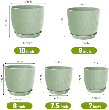 Plastic Plant Pots 10/9/8/7.5/7 inch Set of 5, Flower Planters with Drainage Holes and Saucers, Plastic Pots for Indoor Outdoor Plants, Livingroom Garden Decor (Green) - Image 2