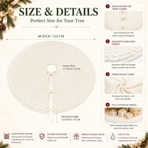 Hollowfly 48 Inch Cream Christmas Tree Skirt for 7.5ft Tree Cable Knitted - Image 3