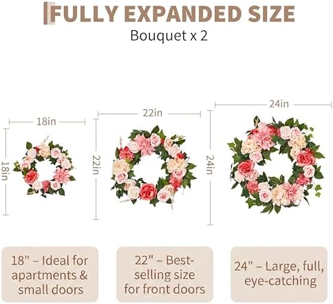 24in Artificial Pink Peony Spring Summer Wreath and Bouquets Sets, Realistic Spring Fake Flower Decor with Real Rattan Base, Includes 2 Matching Bouquets, Front Door Home Mother's Day - Image 2