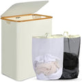 efluky Laundry Hamper with Lid, 160L Tall Laundry Basket with Bamboo Handles for Clothes and Toys, Collapsible Laundry Hamper with 2 Inner Bags for Bedroom and Bathroom, Beige by efluky