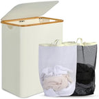 efluky Laundry Hamper with Lid, 160L Tall Laundry Basket with Bamboo Handles for Clothes and Toys, Collapsible Laundry Hamper with 2 Inner Bags for Bedroom and Bathroom, Beige by efluky