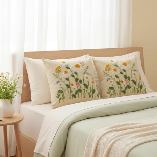 Tudomro 2 Pcs Daisy Throw Pillow Covers 20x20 Inch Spring Summer White Daisy Wildflowers 3D Embroidered Pillowcases with Zipper for Home Bedroom Cozy Sofa Couch Summer Boho Flowers Holiday Decor - Image 4
