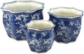 Galt International White & Blue Crane Round Fluted Floral Porcelain Ceramic Plant Flower Planter Pot Set of 3 (7.5", 10", 13") Garden Pots Chinese Asian Design by GaltInternational