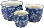 Galt International White & Blue Crane Round Fluted Floral Porcelain Ceramic Plant Flower Planter Pot Set of 3 (7.5", 10", 13") Garden Pots Chinese Asian Design by GaltInternational