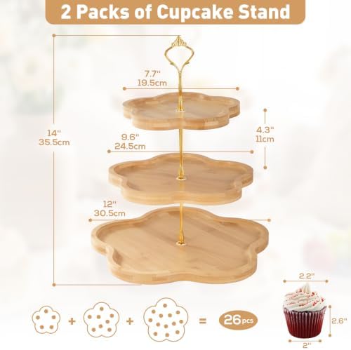 DUJUST Wooden Cupcake Stand, Flower-Shaped Design, Tiered Tray, 2 Pcs - Image 5