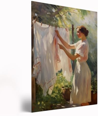 Farmhouse Laundry Wall Art,Woman Clothesline Painting,Clothes on Line Print,Vintage Clothesline Art,Vintage Laundry Room Art Print,Rustic Antique Farmhouse Decor20x30inch Framed Art by Unknown