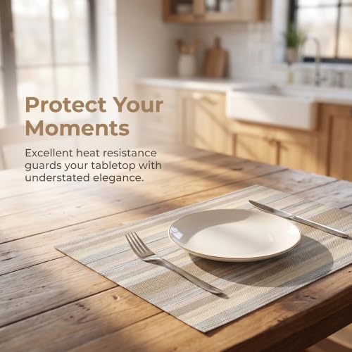 Textile Placemats Set of 6 - Heat Resistant Non-Slip Wipeable Place Mats for Party/Indoor/Outdoor Kitchen Dining Table, Washable Durable Woven Table Mats（Beige, 6） - Image 5