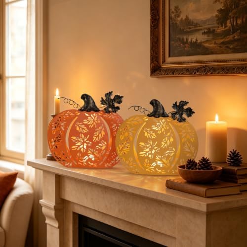 2 Pcs Fall Pumpkins Decor Lighted Metal Pumpkins for Autumn Decoration - Image 6