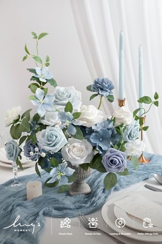 Ling's moment Artificial Wedding Flowers Combo, Dusty Blue & White, Grand - Image 2