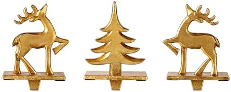 Glitzhome Polyresin Christmas Stocking Holders Set of 3 Golden Tree and Reindeer Mantel Decor with Non-Slip Metal Base for Holiday Fireplace Indoor Decoration by Glitzhome