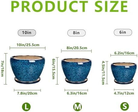 Ceramic Plant Pots Indoor, 10 Inch 8 Inch 6 Inch Round Planters Pots for Indoor Outdoor Plants, Modern Large Flower Pots with Drainage Holes and Saucers, Set of 3, Blue - Image 3