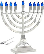 Zion Judaica 12" LED Chanukah Menorah with Flame Shaped LED Bulbs Electric Menorah USB Powered or Batteries Electronic Minorah - 4' Cable Included Hanukkah Battery Menorahs Silver by ZionJudaicaLtd