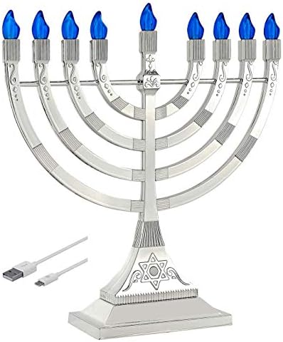 Zion Judaica 12" LED Chanukah Menorah with Flame Shaped LED Bulbs Electric Menorah USB Powered or Batteries Electronic Minorah - 4' Cable Included Hanukkah Battery Menorahs Silver by ZionJudaicaLtd