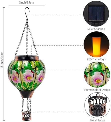 STARSOUL Hummingbird Solar Hot Air Balloon Lantern with Flickering Flame, Hanging Solar Lantern Outdoor Waterproof, Hot Air Balloon Solar Light Decorations for Garden Yard Lawn Porch Porch Backyard - Image 3
