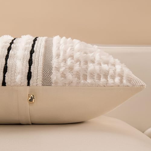 Boho Chenille Tufted Couch Throw Pillow Covers 18x18 Inch Set of 2 Farmhouse Striped Decorative Pillow Covers Accent Neutral Pillowcase Black Cushion Cover for Living Room Sofa Bed - Image 6