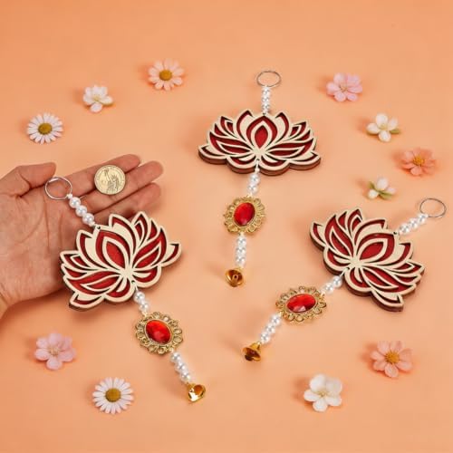 AHANDMAKER 12Pcs Lotus Flower Hanging Mixed Color Wooden Pooja Decoration 9.25 in Flower Shaped Backdrop Hanging for Diwali Home Temple Wall Room Decor Indian Pooja Items - Image 3
