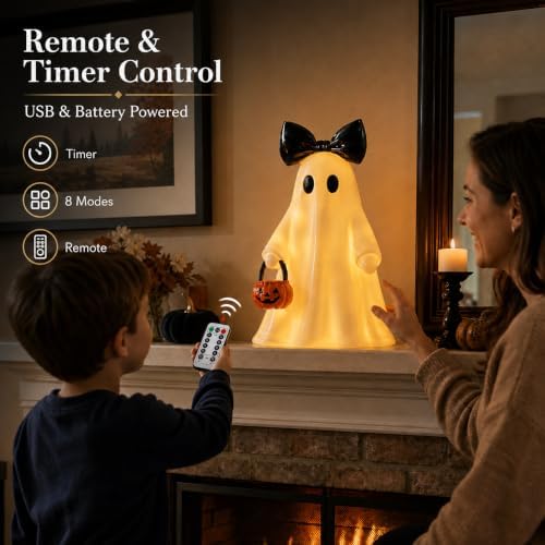 14 in Large Lighted White Ghost Figurine with Pumpkin Lantern&Remote Timer - Image 4