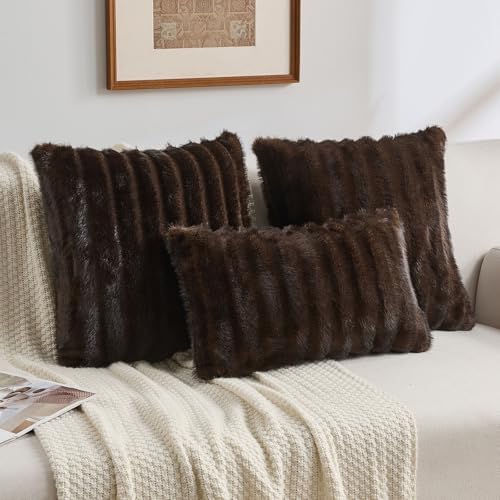 FUTEI Pack of 2 Faux Mink Fur Throw Pillow Covers 22x22 Inch, Dark Coffee - Image 5