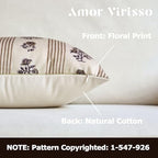Amor Virisso Floral Throw Pillow Covers 12 x 20 Set of 2 Block Print Pillow Covers Neutral Floral Striped Farmhouse Decorative Pillow Covers for Sofa Couch Bed, Brown - Image 2