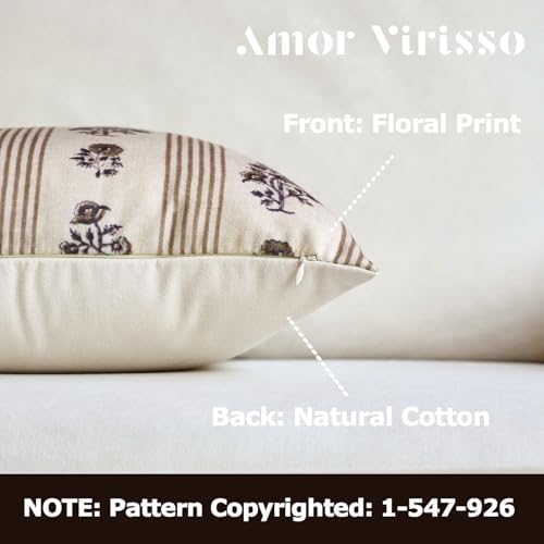 Amor Virisso Floral Throw Pillow Covers 24x24 Set of 2 Block Print Pillow Covers Neutral Floral Striped Farmhouse Decorative Pillow Covers for Sofa Couch Bed, Brown - Image 2