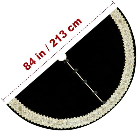 84-Inch Venetian Gilded Christmas Tree Skirt with Jeweled Gold Band and Button Loops, Black - Image 4