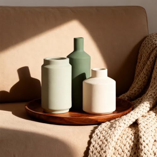 Neutral Ceramic Vase Set of 3 – Modern Decorative Vases, Small Flower Pottery Vase Sets, Boho Farmhouse Rustic Vases for Living Room, Kitchen, Bedroom, Bathroom, Shelf, Table - Image 5