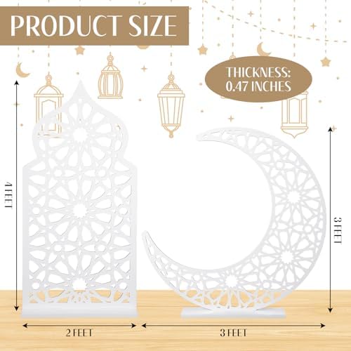 Sintuff 2 Pack Large Wooden Ramadan Decor Islamic Eid Mubarak 3ft Crescent Moon & 4ft Mosque Dome White Floor Decor for Room Entrances Ramadan Kareem Gift Party Home Decoration, Lights Not Included - Image 2
