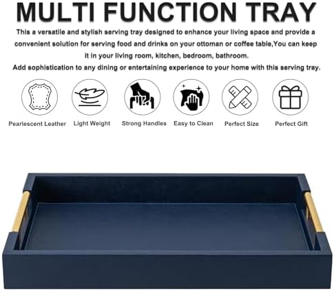 Navy Blue Faux Leather Serving Coffee Tray with Gold Handles,Rectangle Decorative Trays for Home Decor Large Ottoman Tray for Living Room - Image 3